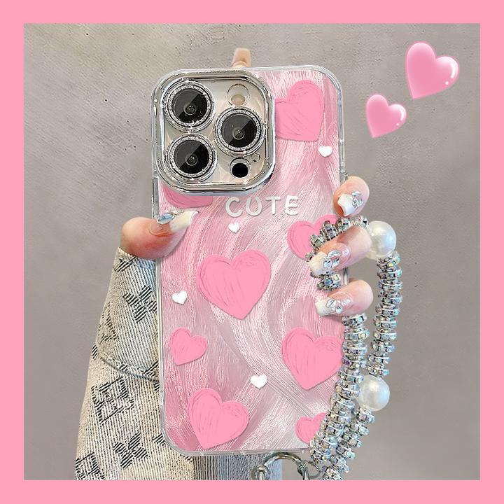 粉色油画爱心手链适用苹果16PRO羽纱手机壳15高级感14全包镜头膜X