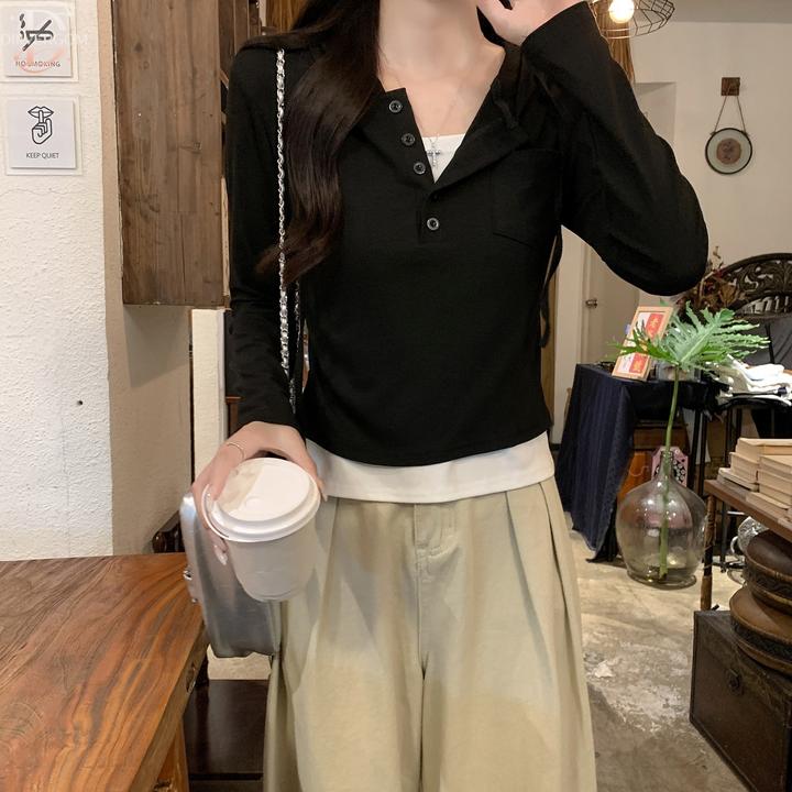 纯欲辣妹方领露锁骨长袖T恤女早秋季修身显瘦设计感短款女装上衣