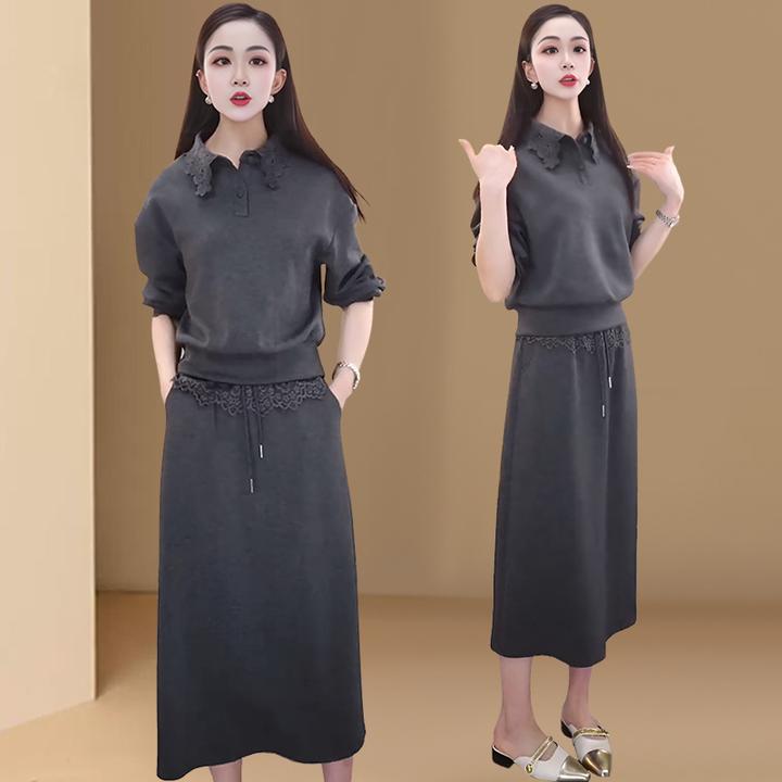 时尚休闲套装裙女春秋新款洋气减龄蕾丝拼接卫衣半身裙运动套装