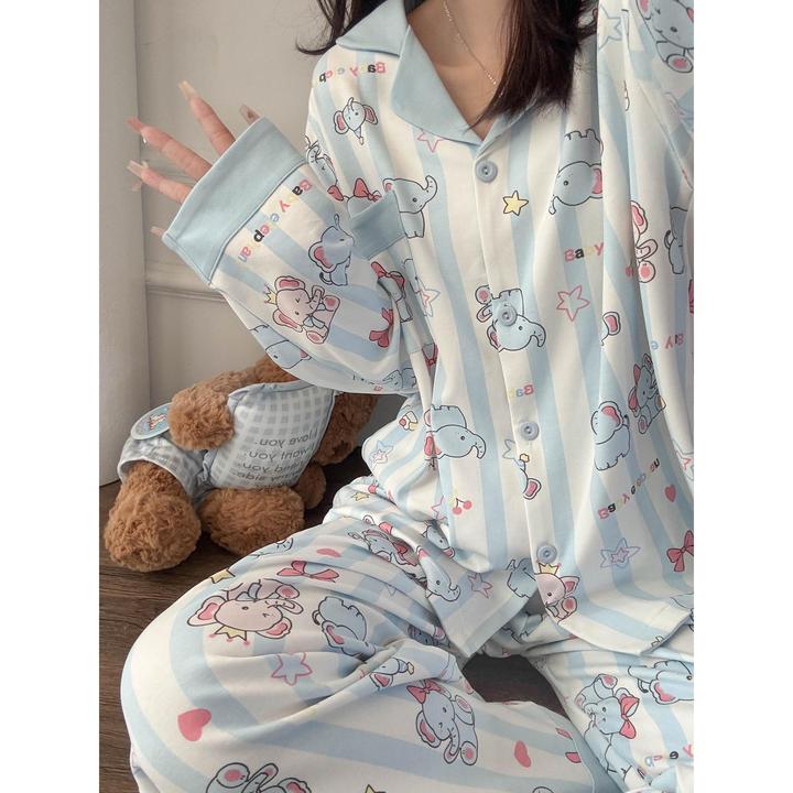 SUAM RUO卡通可爱小象睡衣女春秋季纯棉长袖条纹家居服套装可外穿
