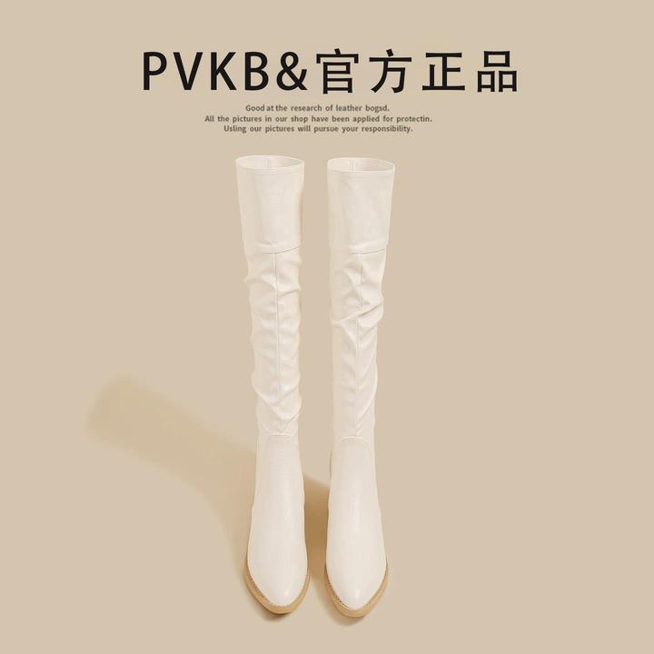 美拉德鞋子女款爆款2025新款女白色显瘦瘦靴覆古不过膝褶皱长筒靴