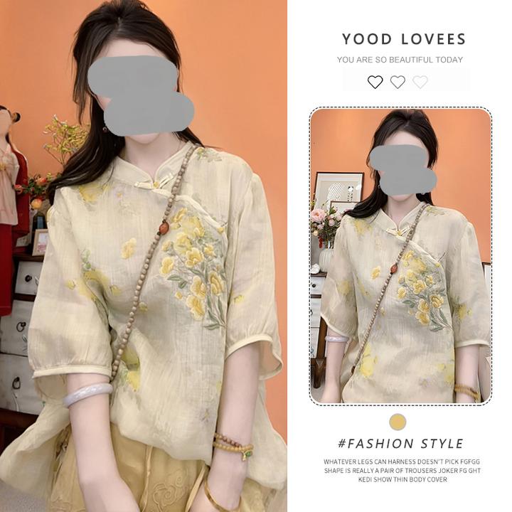 设计感立领盘扣衬衫2025年夏季七分袖复古斜襟少女新中式提花上衣