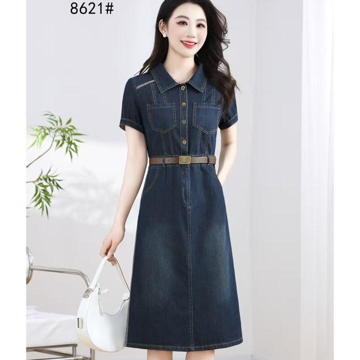 夏季牛仔女休闲时尚风格中老年妈妈装翻领短袖中腰纯色A字中长裙