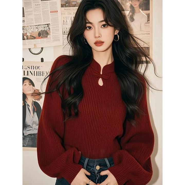 安可拉红穿搭新中式轻国风酒红色灯笼袖盘扣毛衣女秋冬季2025新款