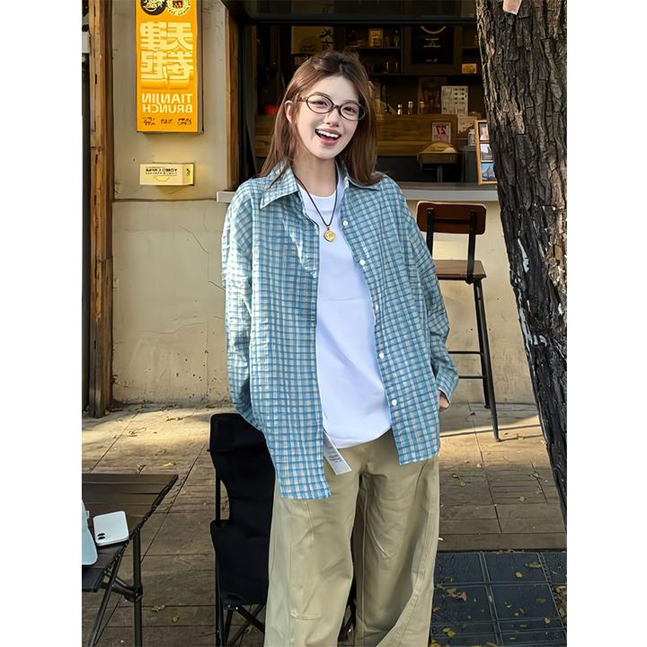 蓝色慵懒风格子衬衫男女款秋季外穿长袖开衫衬衣情侣叠穿休闲外套