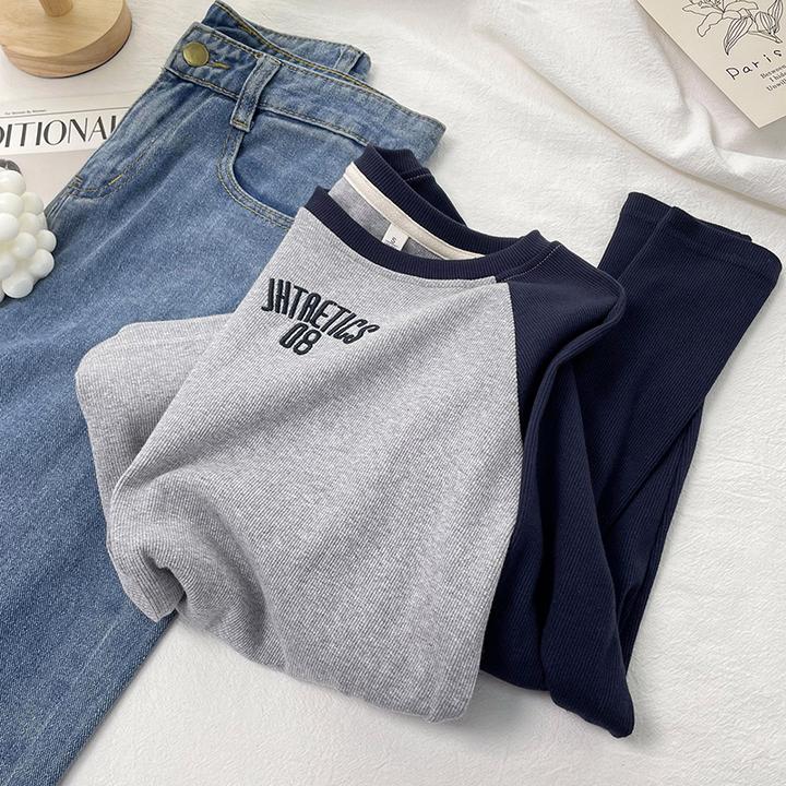 美式复古撞色圆领正肩长袖T恤字母刺绣设计感小众百搭修身打底衫