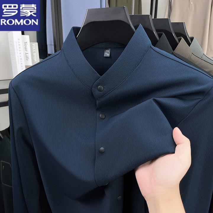 罗蒙2025秋季新款中年长袖中式领衬衫男士商务休闲百搭潮流衬衣男