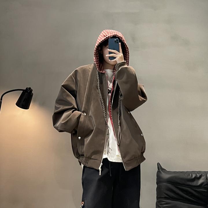 秋冬假两件连帽皮衣夹克男情侣装宽松上衣潮流美式休闲复古外套