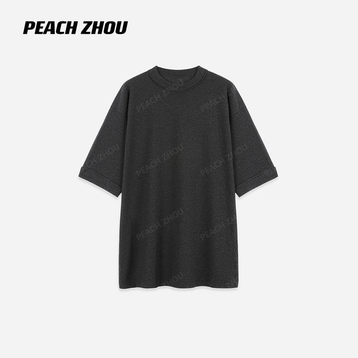 『PEACHZHOU』羊毛针织反做宽松圆领短袖简约休闲落肩毛织大版T恤