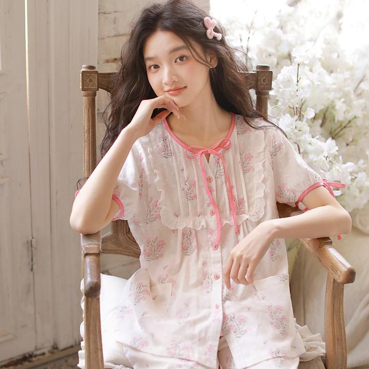 春夏女士纯棉纱布睡衣活性印染剪花短袖长裤家居服套装