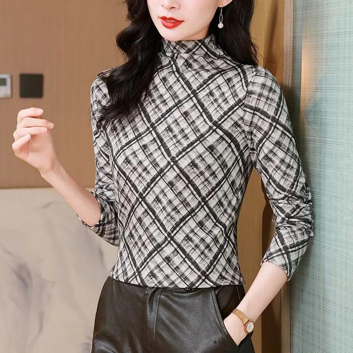 半高领时尚格纹长袖打底衫T恤女秋冬大码洋气百搭套头上衣女A2039