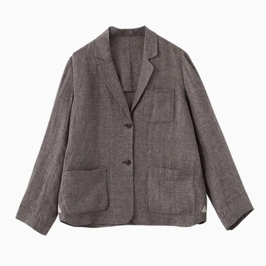春秋双色色织千鸟格亚麻休闲文艺复古西装外套