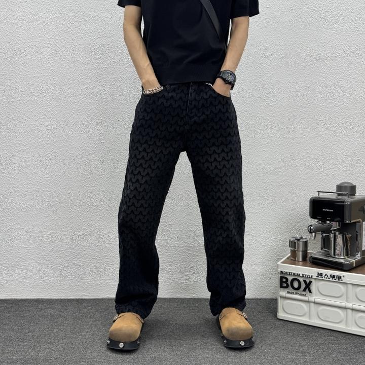 纯色直筒提花刺绣时尚潮流牛仔裤秋冬百搭男士秋冬刺绣直筒牛仔裤