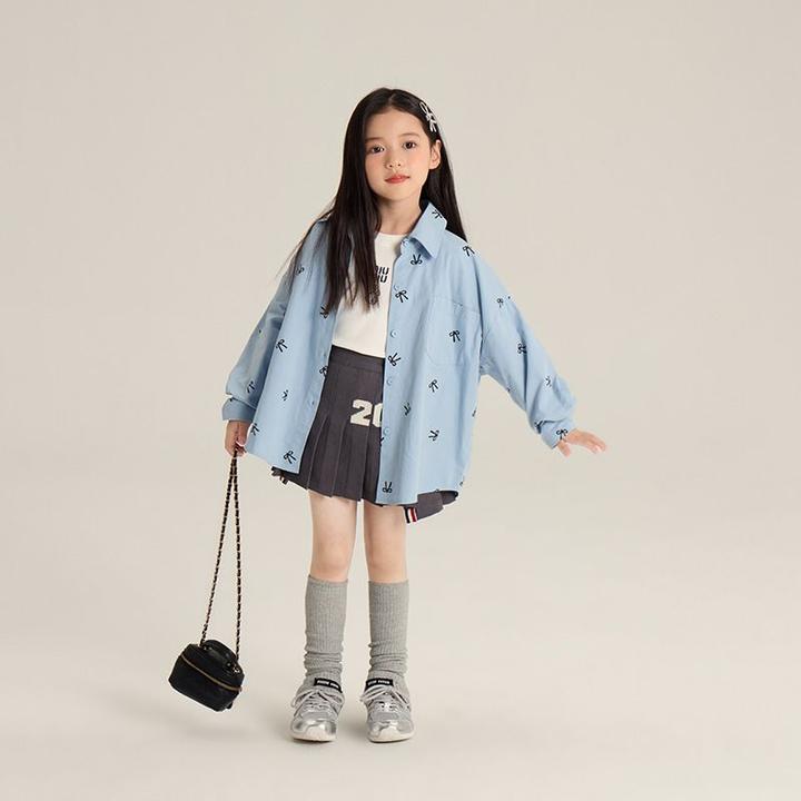女童蓝色衬衫长袖春秋2025新款洋气时髦韩版秋装儿童衬衣外套秋季