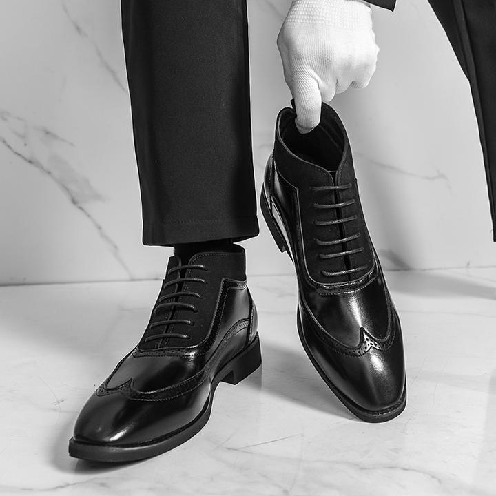 英伦风复古马丁靴耐磨尖头系带布洛克雕花休闲皮靴男款时尚皮鞋潮