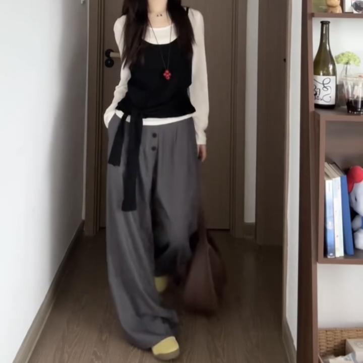 韩系设计感黑白针织衫女+排扣西装裤套装女