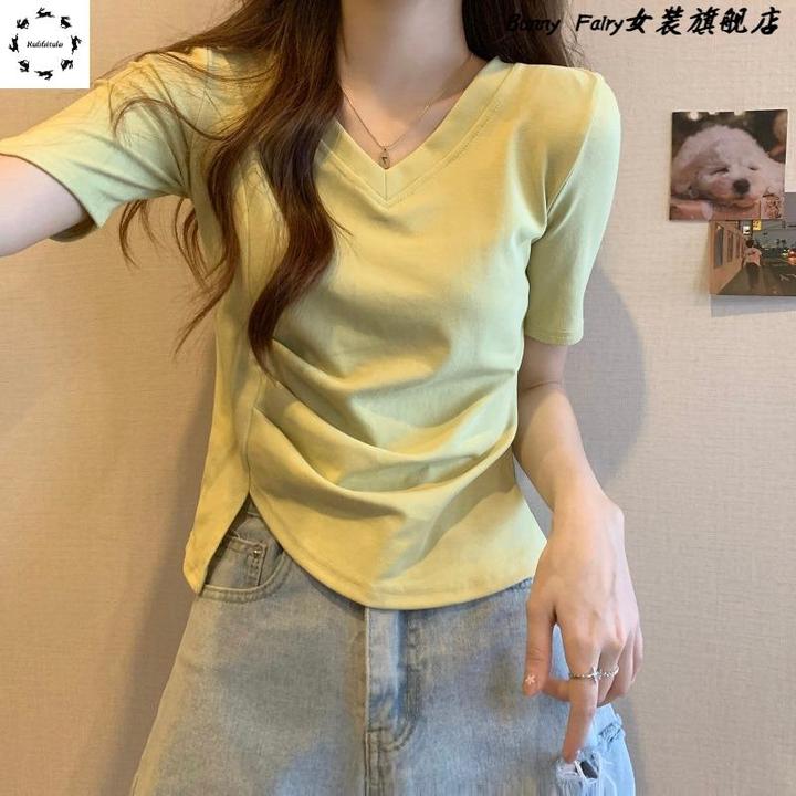 短袖正肩t恤女2025夏季新款爆款V领短款不规则修身上衣体恤高级感