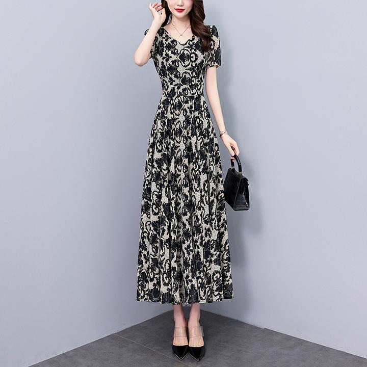 广州十三行碎花真丝连衣裙2025新款夏季爆款修身显瘦长款大摆长裙