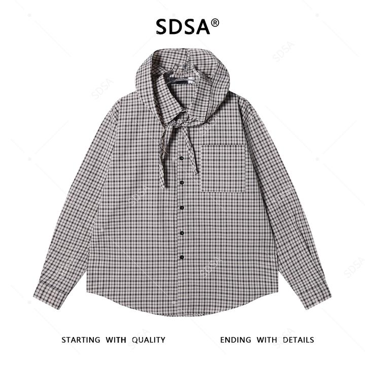 SDSA秋冬新款痞帅男装美式复古格子披肩连帽衬衫高级百搭开衫衬衣