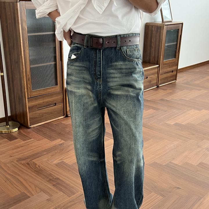 裤子男四季款中性风个性扎染水洗做旧美式复古直筒牛仔长裤男