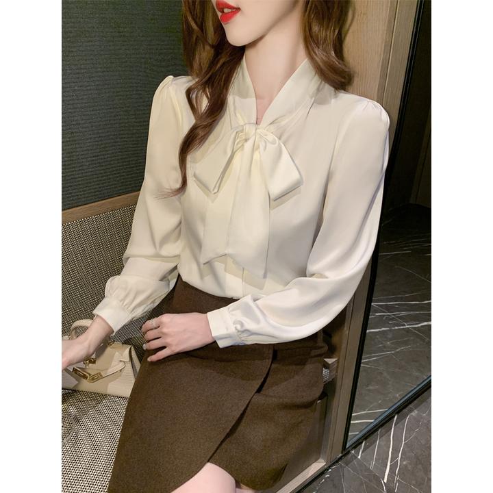 春装通勤职业长袖雪纺衬衫飘带设计复古高级内搭女士秋装衬衣时尚