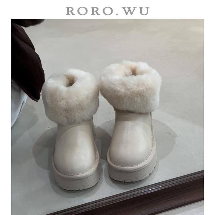 娆娆吴·真皮百搭加绒保暖圆头翻边棉靴冬季新款厚底雪地靴女A04