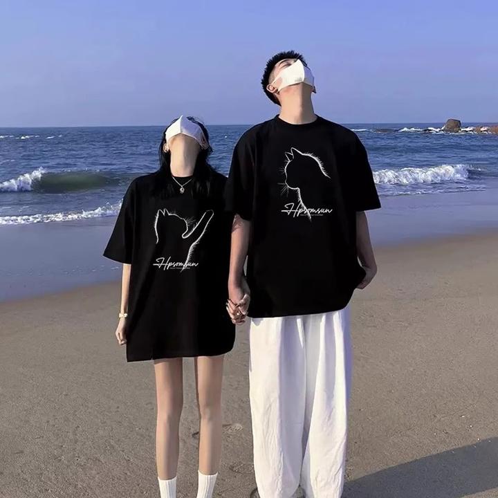 仓石一树情侣装夏季圆领短袖t恤男女猫咪印花ins痞帅慵懒风男装