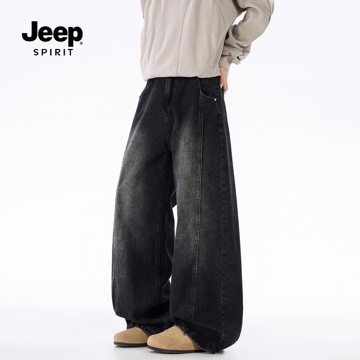 JEEPSPIRIT美式高街阔腿牛仔裤男秋款直筒垂坠感水洗复古