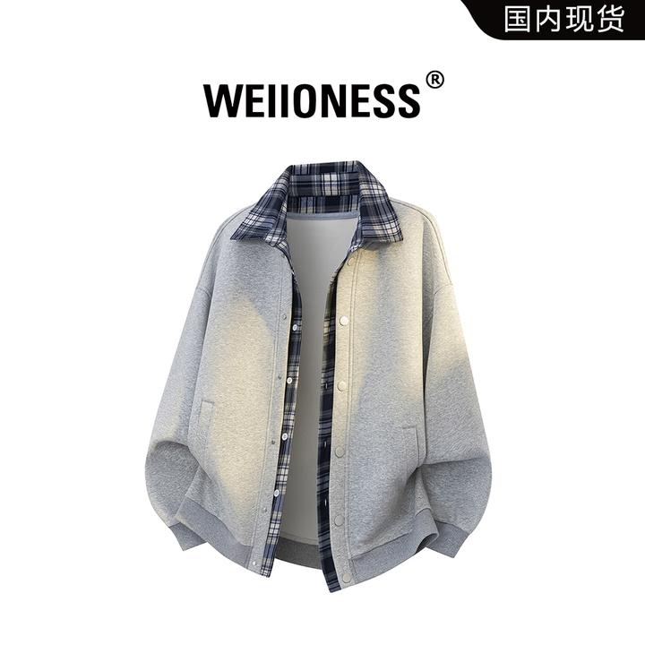 WEIIONESS拼接翻领格纹卫衣男秋冬潮流宽松外套轻奢痞帅男生衣服