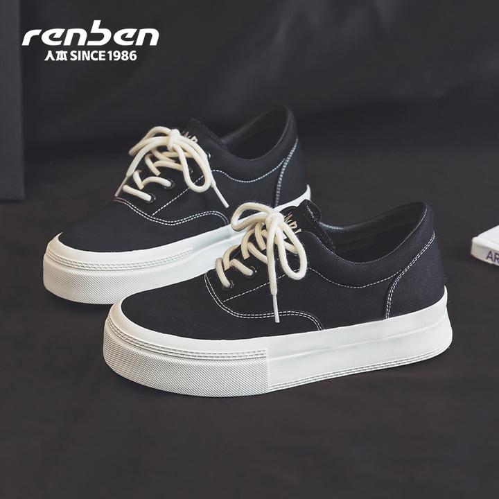 人本2025夏季系带车缝线ins风帆布鞋小白鞋学生小众潮流时尚ol
