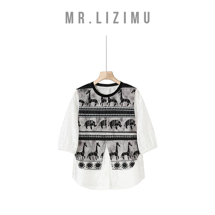 李子木先生可外穿精致打底衫内搭洋气中袖圆领动物印花t恤舒适