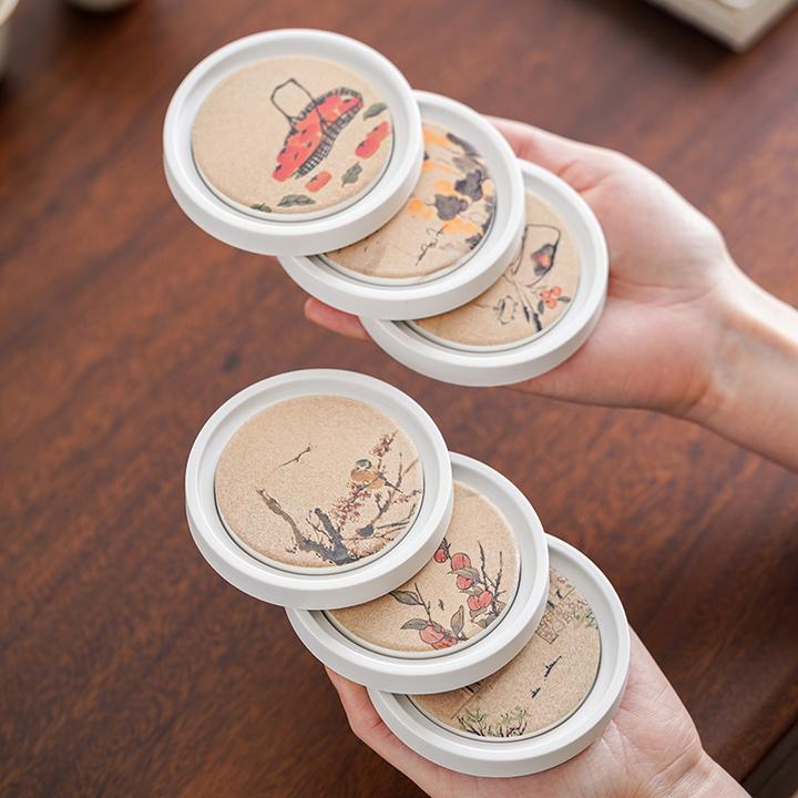 远舍新款吸水白色茶杯垫茶杯托隔热垫五福杯垫六个装带框茶具配件