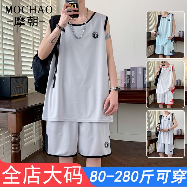 摩朝夏季潮牌休闲运动套装男士宽松百搭大码假两件无袖两件套