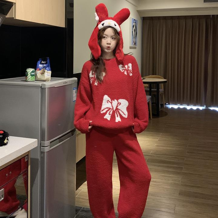 本命年红色半边绒睡衣女秋冬季2025新款套装加厚保暖家居服可外穿