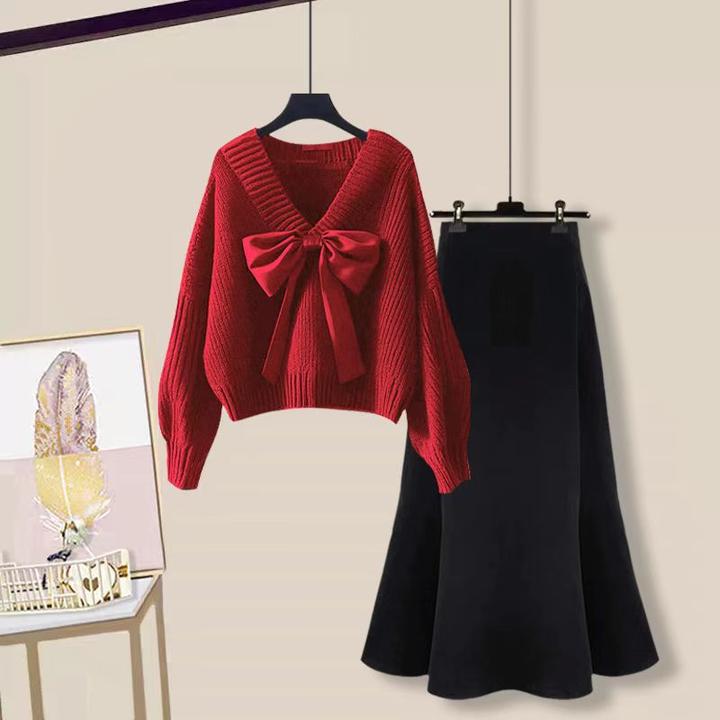 红色氛围感针织毛衣2024秋季新款蝴蝶结黑色半身裙两件套