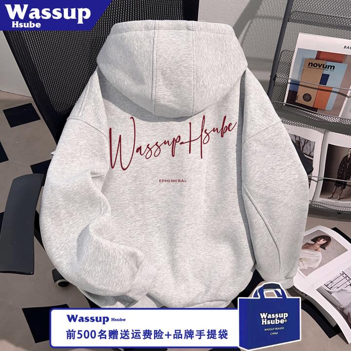 WASSUP HSUBE秋冬拉链连帽外套印花加绒保暖卫衣男女同款白灰开衫