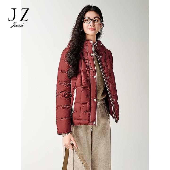 JUZUI玖姿JTFD03304时髦撞色边帽领鸭绒羽绒服女2025冬季新款