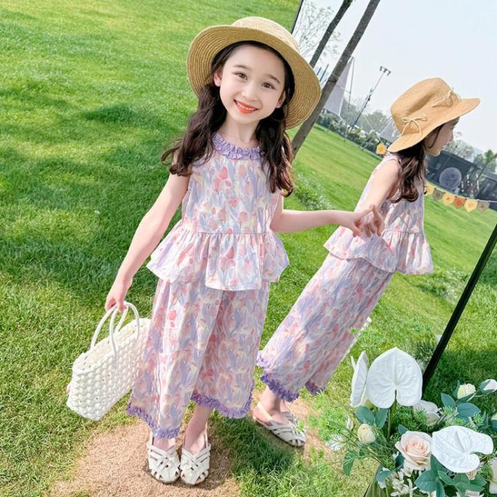 新品巴拉巴拉女童花朵套装2025新款宝宝薄款夏季背心阔腿裤两件套