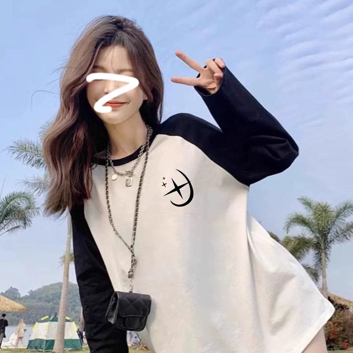 韩版春秋新款欧货长袖打底t恤女款休闲中长款慵懒风宽松撞色上衣