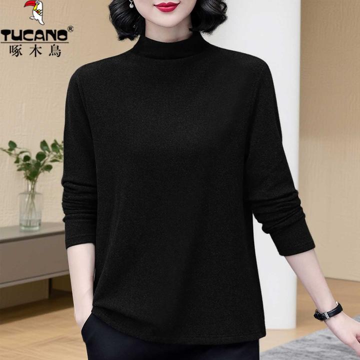 啄木鸟大码中老年德绒发热妈妈秋衣加绒加厚老年人上衣打底衬衣