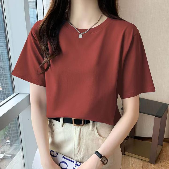 新款女士短袖体恤休闲纯色女上衣打底衫