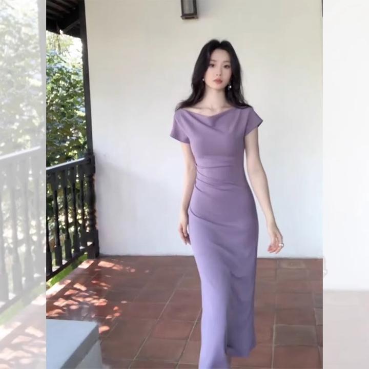 高级小众不撞款长款a字包臀裙子女夏日独特绝美飞飞袖紫色连衣裙