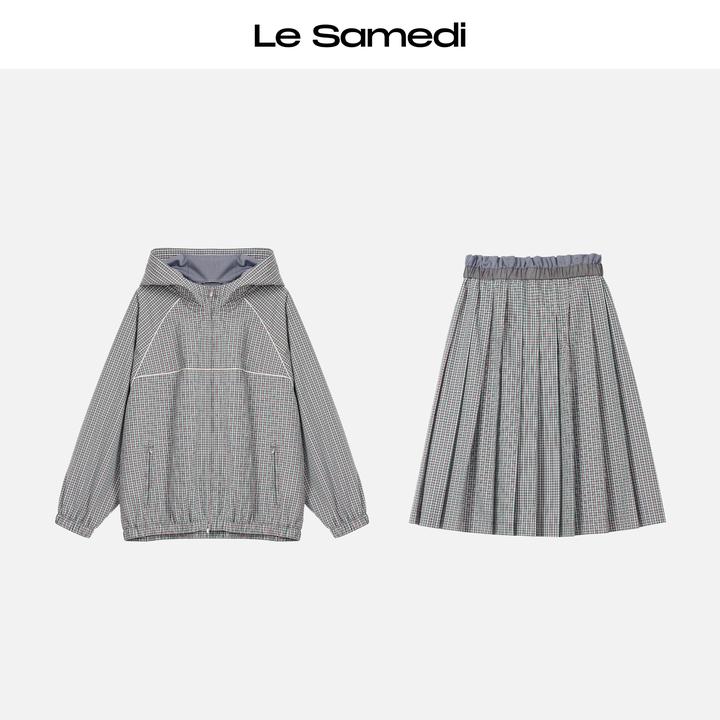 Le Samedi【绿茵线格】结构感老钱网球风格纹连帽夹克/百褶半裙