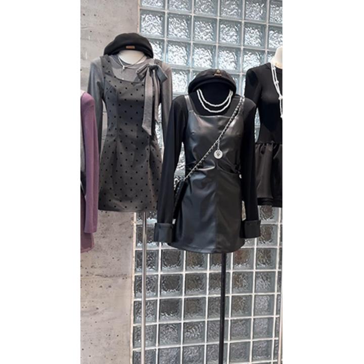 韩系甜美减龄蝴蝶结长袖T恤波点背带裙两件套女秋季新款时尚套装