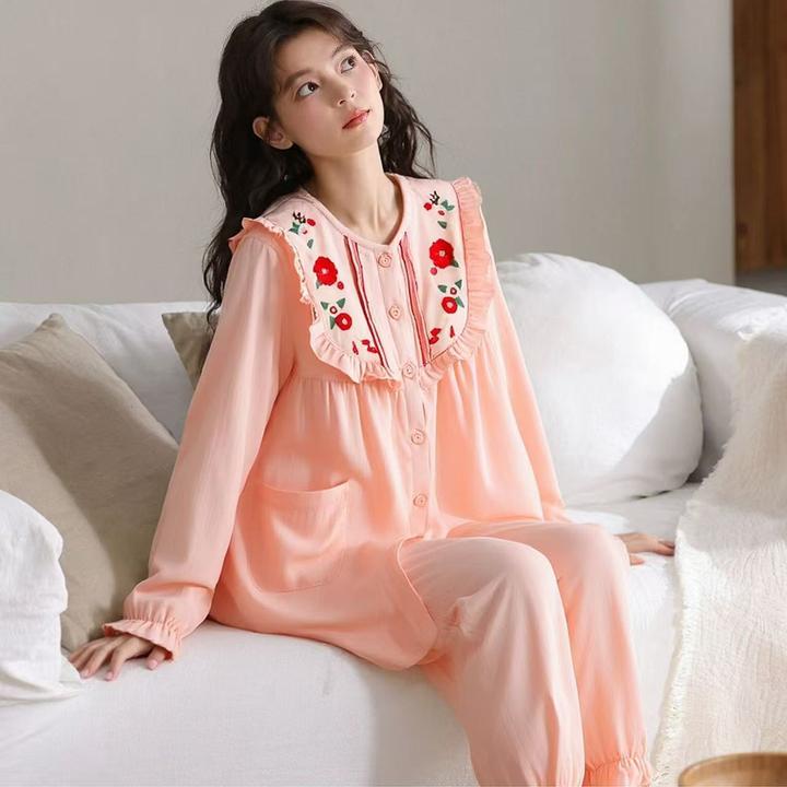 女士甜美可爱公主风春秋新款纯棉纱长袖长裤睡衣可外穿家居服套装
