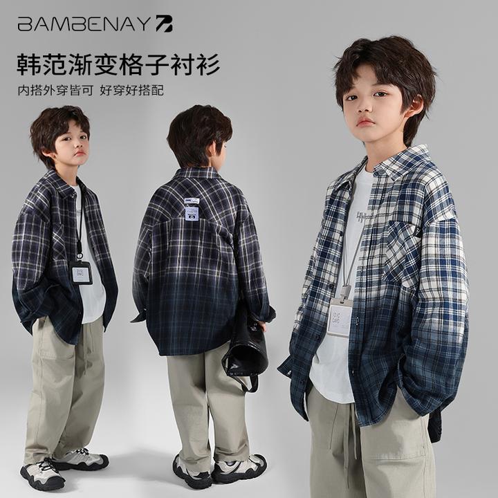 现货 班贝纳【格子衬衫】翻领撞色复古格纹上衣外套秋款中大童G6200