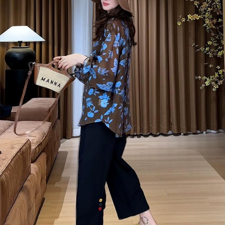 碎花长袖天丝防晒衬衫阔腿裤夏季女穿搭套装
