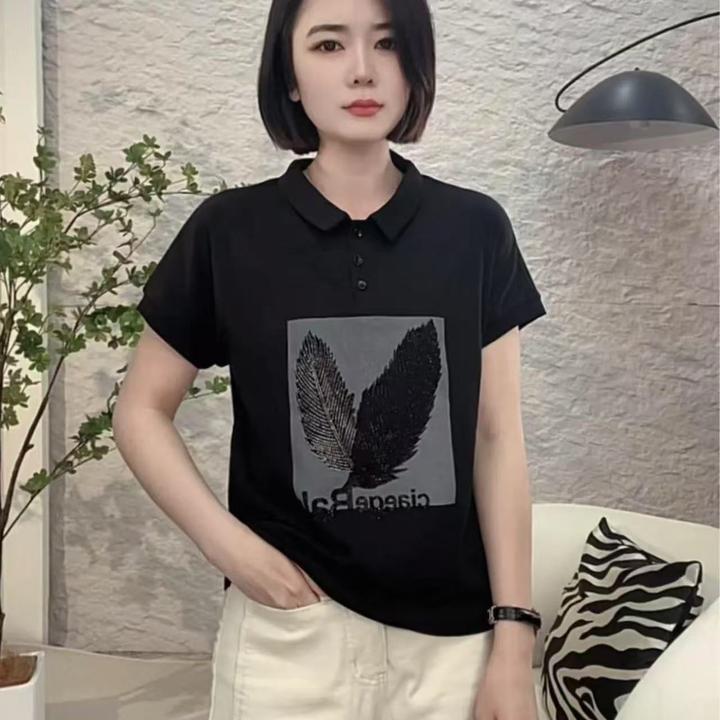 2025夏季新款短袖t恤女POLO羽毛衫衬领显瘦百搭时尚休闲简约上衣