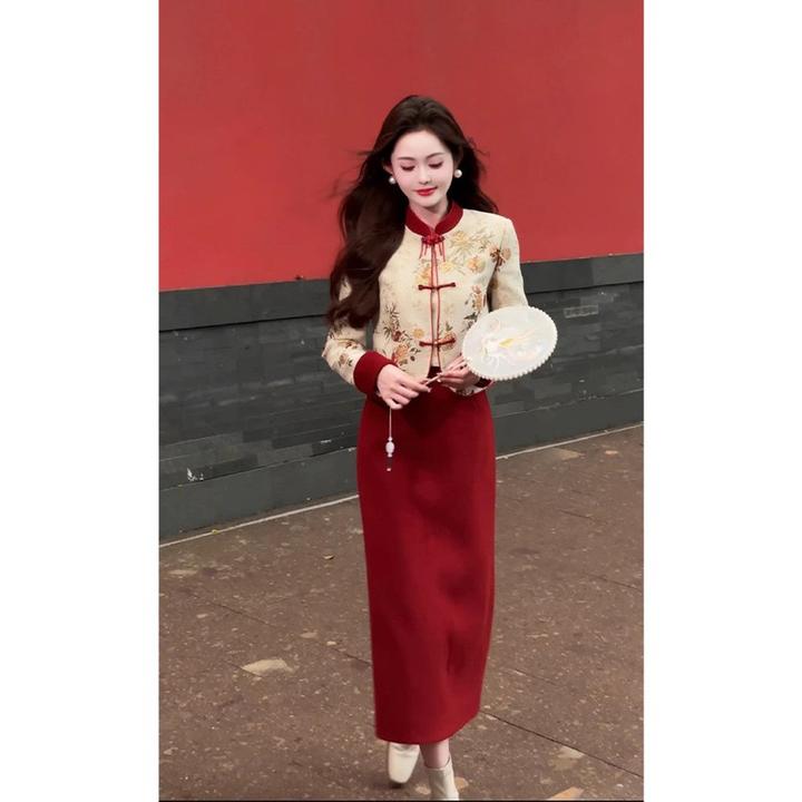 画报夫人新中式复古喜庆红色旗袍裙套装女秋冬国风刺绣夹棉唐装外