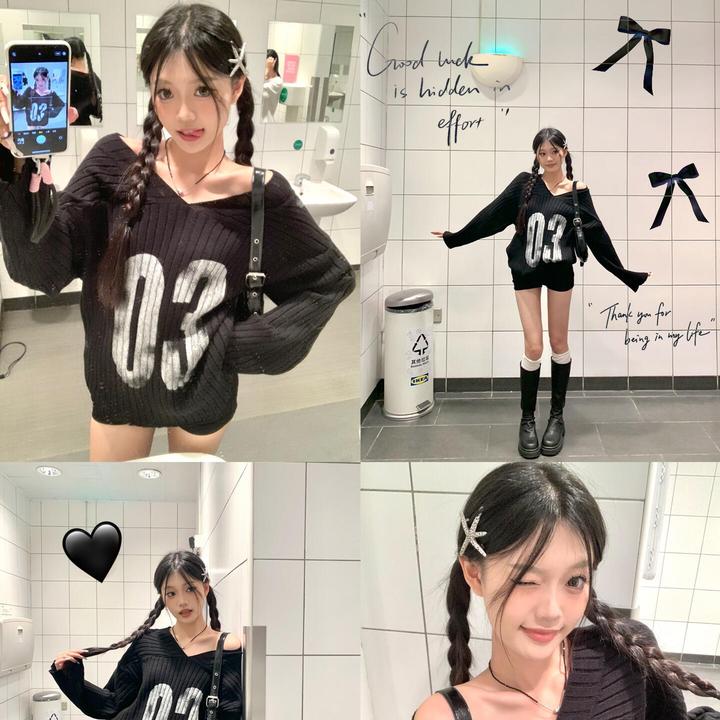 美式辣妹V领露肩毛衣女秋冬宽松慵懒风松弛感套头长袖针织衫上衣